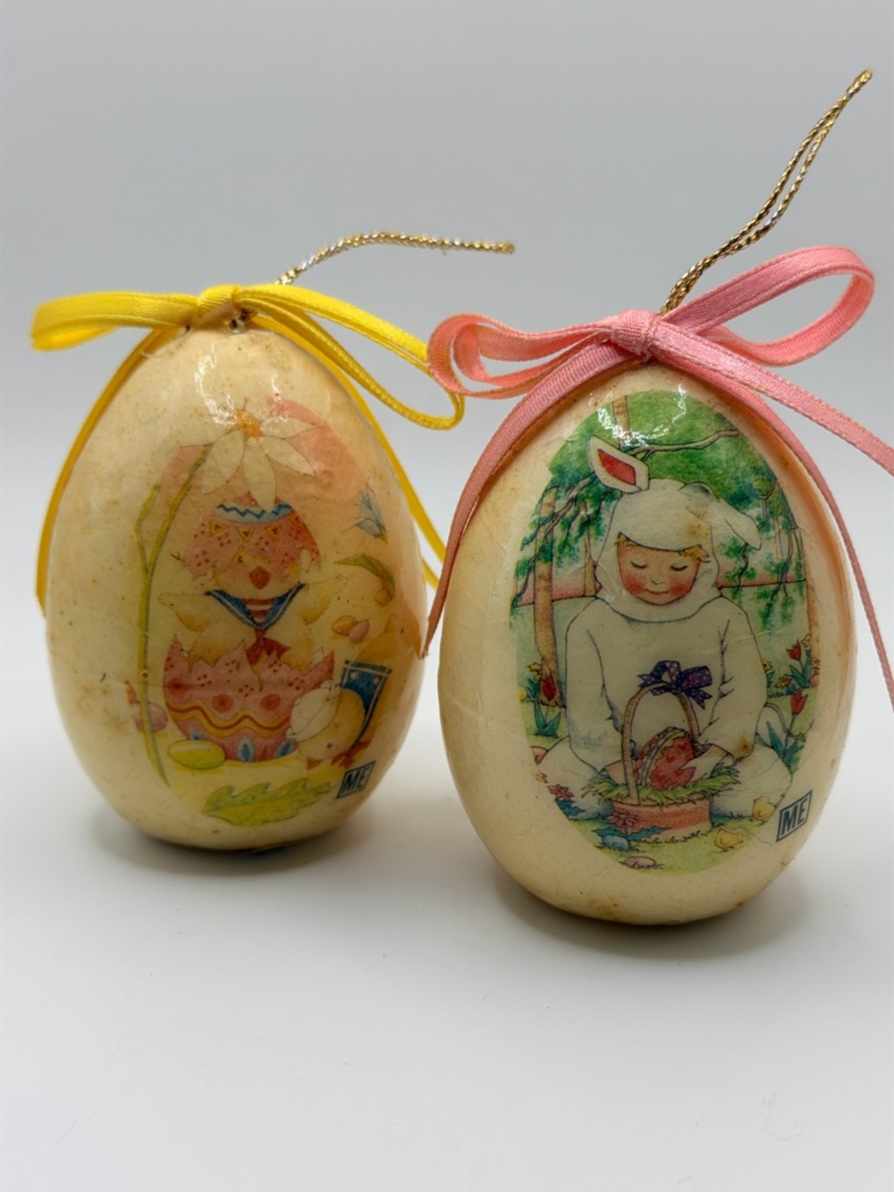 Mary Engelbreit Paper Maché Easter Eggs Hanging Ornaments Set Of 2 Vintage 2.75”